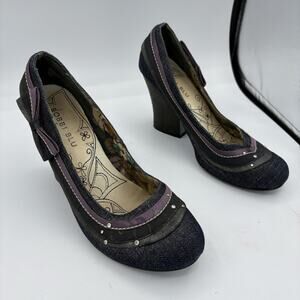 Bobbi Blu Heels Womens Size 7 Delicate Dk Blue Rhinestone Bow Block Mary Jane B4